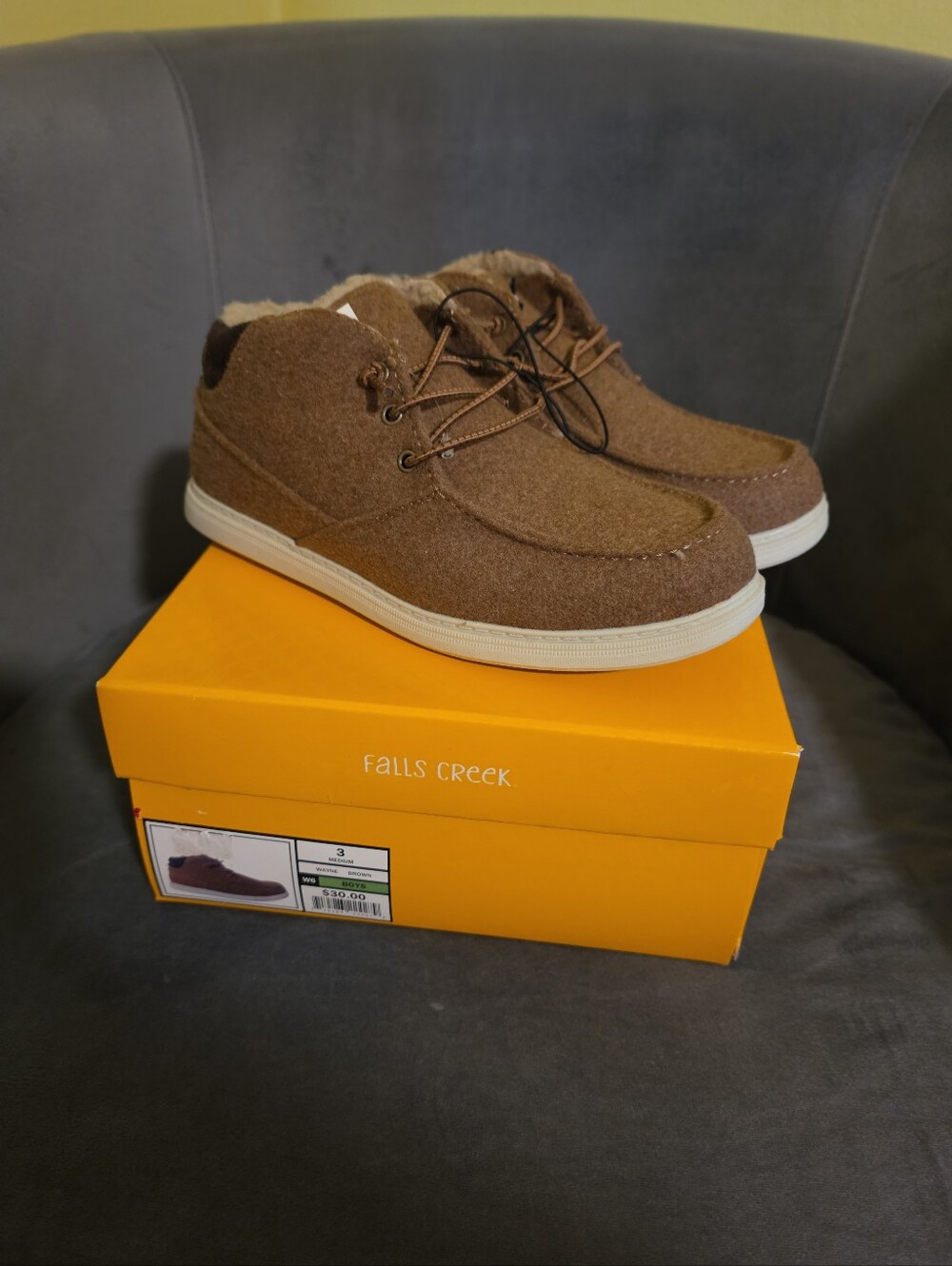 NIB Falls Creek Boys Size 3 Wayne Brown Faux Wool Lined Easy On Boots